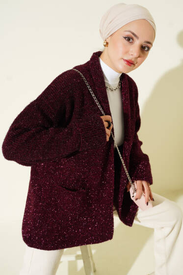 Şal Yaka Cepli Simli Triko Hırka Bordo - Hırka