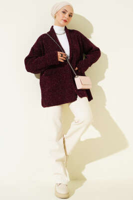 Şal Yaka Cepli Simli Triko Hırka Bordo - Hırka