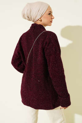 Şal Yaka Cepli Simli Triko Hırka Bordo - Hırka