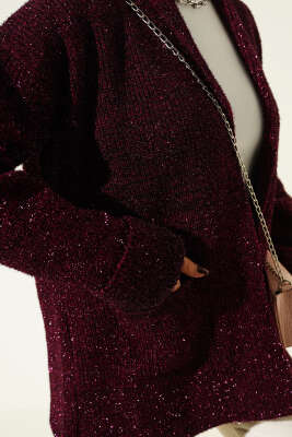 Şal Yaka Cepli Simli Triko Hırka Bordo - Hırka