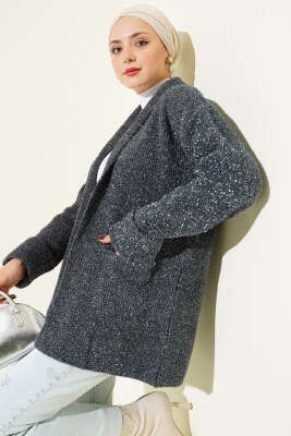 Şal Yaka Cepli Simli Triko Hırka Füme 