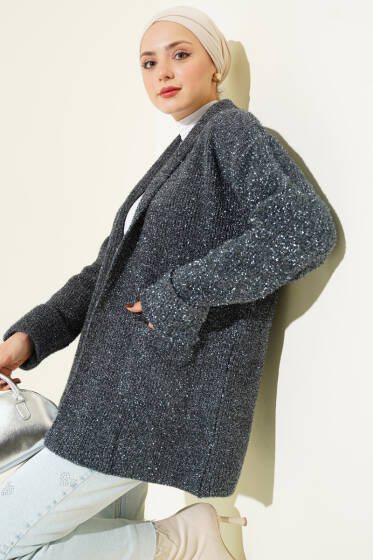 Şal Yaka Cepli Simli Triko Hırka Füme - Hırka