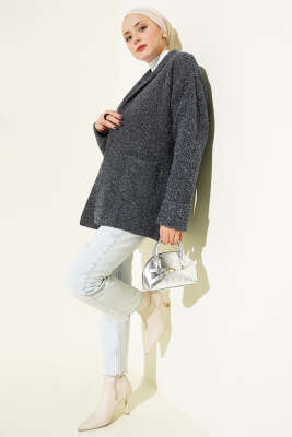 Şal Yaka Cepli Simli Triko Hırka Füme - Hırka