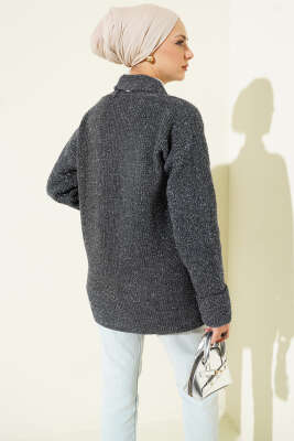 Şal Yaka Cepli Simli Triko Hırka Füme - Hırka