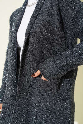 Şal Yaka Cepli Simli Triko Hırka Füme - Hırka