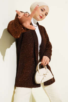 Şal Yaka Cepli Simli Triko Hırka Kahve 