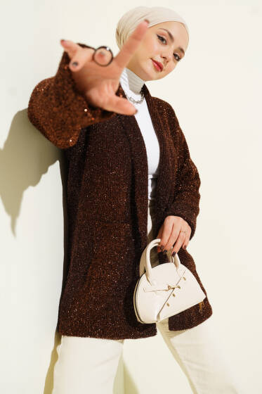 Şal Yaka Cepli Simli Triko Hırka Kahve - Hırka