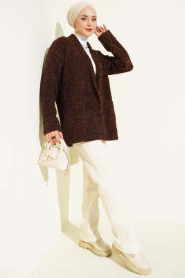 Şal Yaka Cepli Simli Triko Hırka Kahve - Hırka