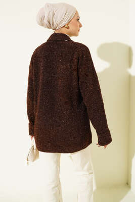 Şal Yaka Cepli Simli Triko Hırka Kahve - Hırka