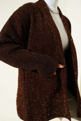 Şal Yaka Cepli Simli Triko Hırka Kahve - Hırka