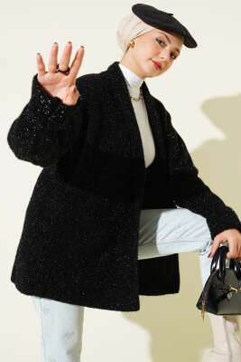 Şal Yaka Cepli Simli Triko Hırka Siyah - Hırka