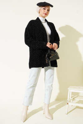 Şal Yaka Cepli Simli Triko Hırka Siyah - Hırka