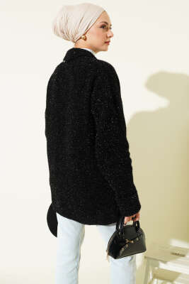 Şal Yaka Cepli Simli Triko Hırka Siyah - Hırka