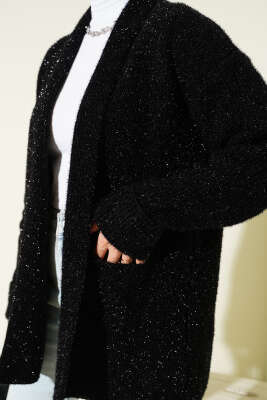 Şal Yaka Cepli Simli Triko Hırka Siyah - Hırka