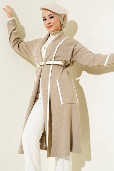 Şal Yaka Cepli Triko Hırka Bej - Hırka