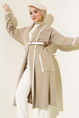 Şal Yaka Cepli Triko Hırka Bej 