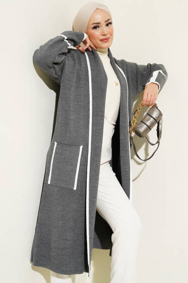 Şal Yaka Cepli Triko Hırka Füme - Hırka