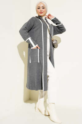 Şal Yaka Cepli Triko Hırka Füme - Triko Hırka