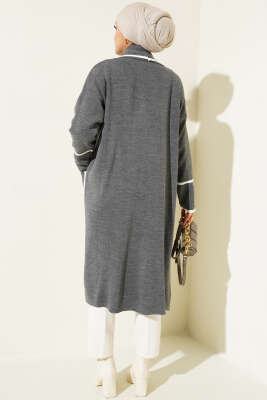 Şal Yaka Cepli Triko Hırka Füme - Triko Hırka