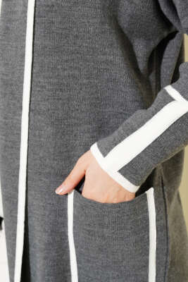 Şal Yaka Cepli Triko Hırka Füme - Triko Hırka