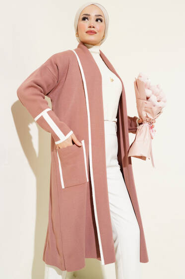 Şal Yaka Cepli Triko Hırka Pudra - Hırka