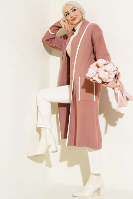 Şal Yaka Cepli Triko Hırka Pudra - Triko Hırka