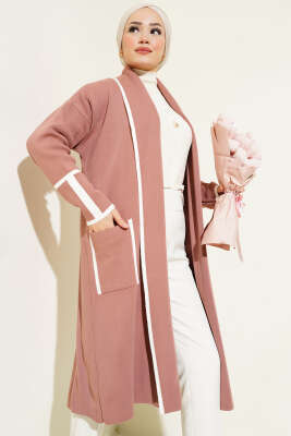 Şal Yaka Cepli Triko Hırka Pudra 