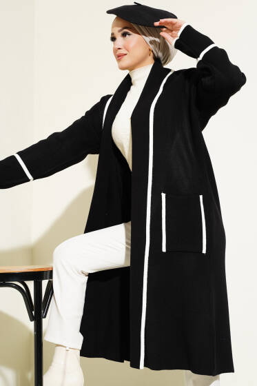 Şal Yaka Cepli Triko Hırka Siyah - Triko Hırka