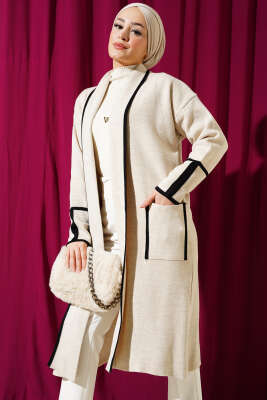 Şal Yaka Cepli Triko Hırka Taş - Triko Hırka