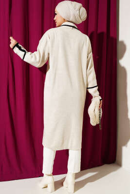 Şal Yaka Cepli Triko Hırka Taş - Triko Hırka