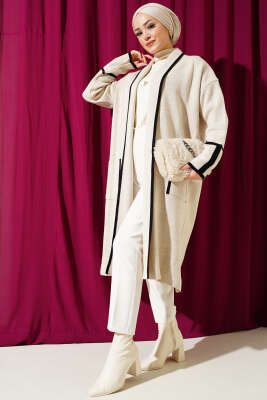 Şal Yaka Cepli Triko Hırka Taş - Triko Hırka