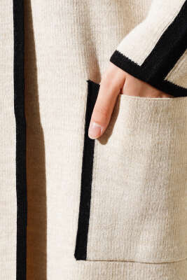 Şal Yaka Cepli Triko Hırka Taş - Triko Hırka