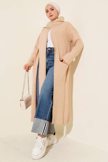 Şal Yaka Cepli Uzun Triko Hırka Latte - Hırka