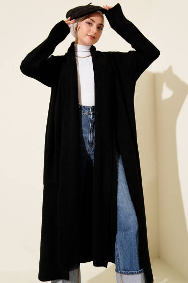 Şal Yaka Cepli Uzun Triko Hırka Siyah - Hırka