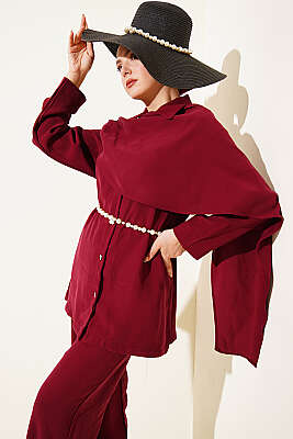 Şal Yaka Detaylı Tensel İkili Takım Bordo - NEVA MODA