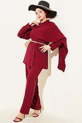 Şal Yaka Detaylı Tensel İkili Takım Bordo - İkili Takım