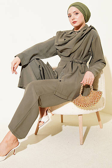 Şal Yaka Detaylı Tensel İkili Takım Haki - İkili Takım
