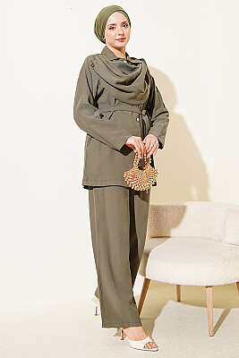 Şal Yaka Detaylı Tensel İkili Takım Haki - İkili Takım