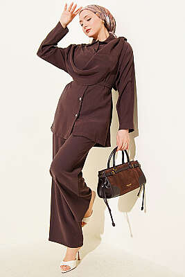 Şal Yaka Detaylı Tensel İkili Takım Kahve - NEVA MODA