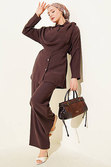 Şal Yaka Detaylı Tensel İkili Takım Kahve - İkili Takım