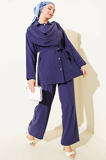 Şal Yaka Detaylı Tensel İkili Takım Lacivert - İkili Takım