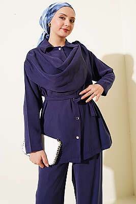 Şal Yaka Detaylı Tensel İkili Takım Lacivert - İkili Takım