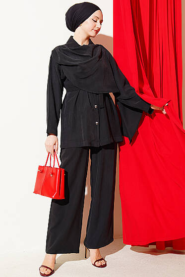 Şal Yaka Detaylı Tensel İkili Takım Siyah - İkili Takım