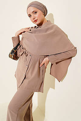 Şal Yaka Detaylı Tensel İkili Takım Vizon - İkili Takım