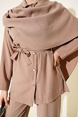 Şal Yaka Detaylı Tensel İkili Takım Vizon - İkili Takım