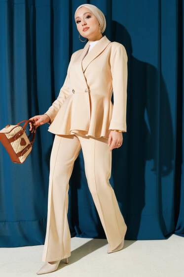 Şal Yaka Düğmeli Scuba İkili Takım Bej - İkili Takım