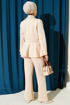 Şal Yaka Düğmeli Scuba İkili Takım Bej - İkili Takım