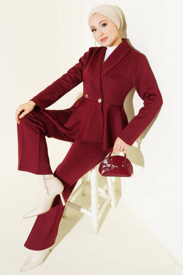 Şal Yaka Düğmeli Scuba İkili Takım Bordo - İkili Takım