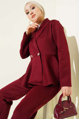 Şal Yaka Düğmeli Scuba İkili Takım Bordo - İkili Takım