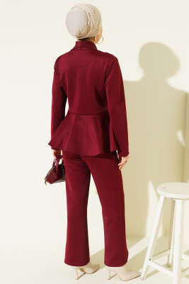 Şal Yaka Düğmeli Scuba İkili Takım Bordo - İkili Takım